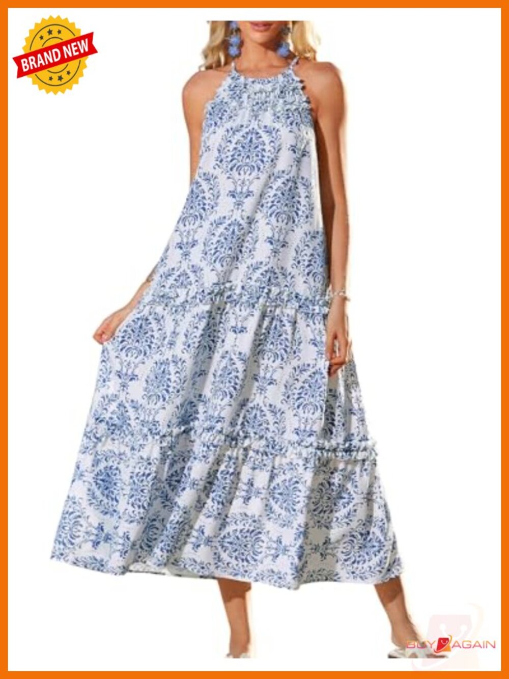 Women's Floral Halter Maxi Dress Boho Tiered Ruffle A-Line Sundress